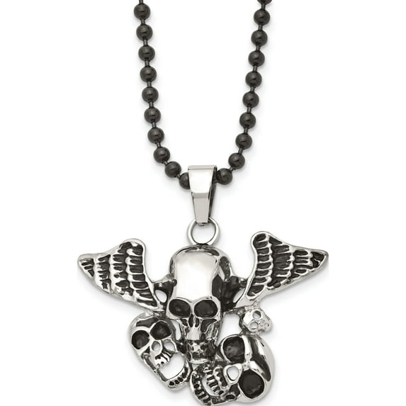 Stainless Steel Antiqued & Polished Black Ip Skulls With Wings 24In Necklace Made In China srn849-24