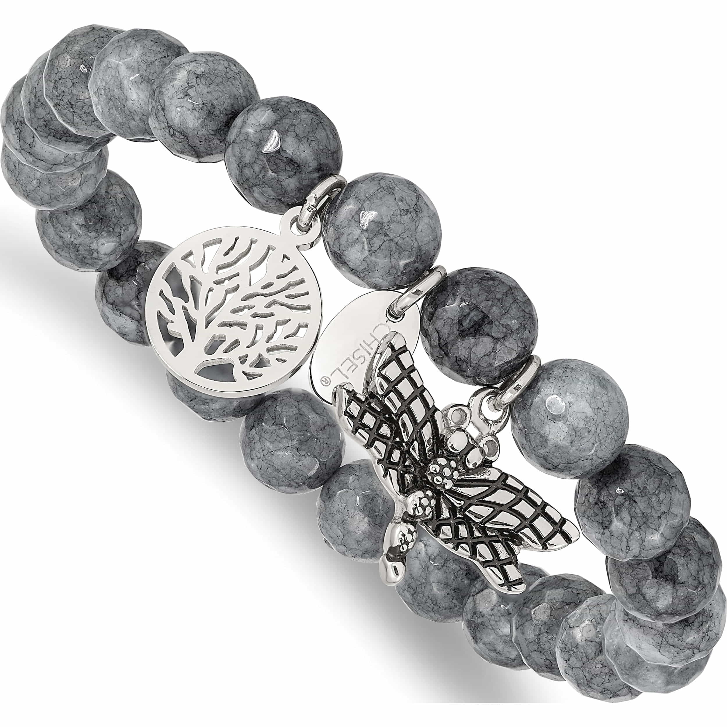 Stainless Steel Antiqued & Polished Dragonfly Grey Dyed Jade Bracelet Made In China -Jewelry By Sweet Pea