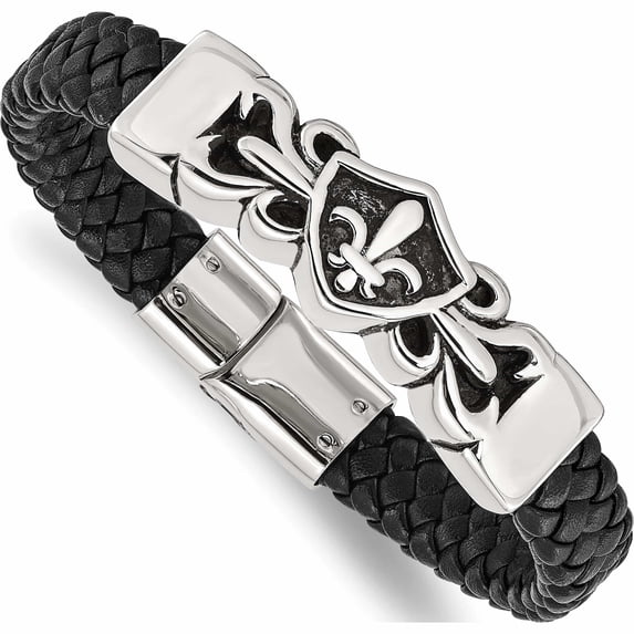 Stainless Steel Antiqued & Polished Fleur De Lis Black Leather Bracelet Made In China -Jewelry By Sweet Pea