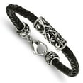 thumbnail image 1 of Stainless Steel Antiqued & Polished Fleur De Lis Black Leather Chain ; Lobster (Fancy) Clasp; for Adults and Teens; for Women and Men, 1 of 1