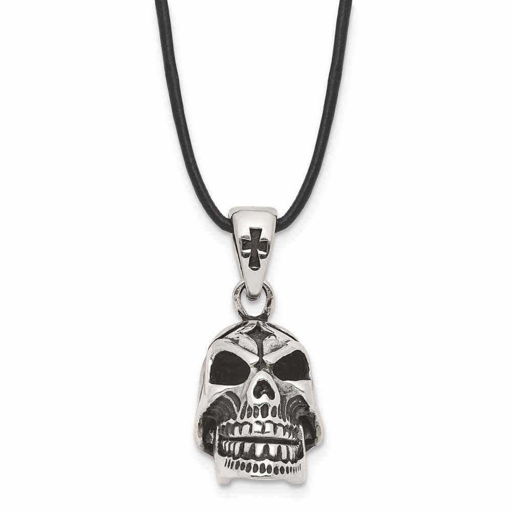 Stainless Steel Antiqued & Polished Moveable Skull Leather Cord Necklace; 20 inch; for Adults and Teens; for Women and Men