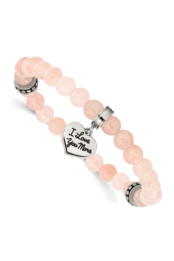 Chisel Stainless Steel Antiqued and Polished I LOVE YOU MORE Heart Dangle 6.5mm Pink Jade Beaded Stretch Bracelet