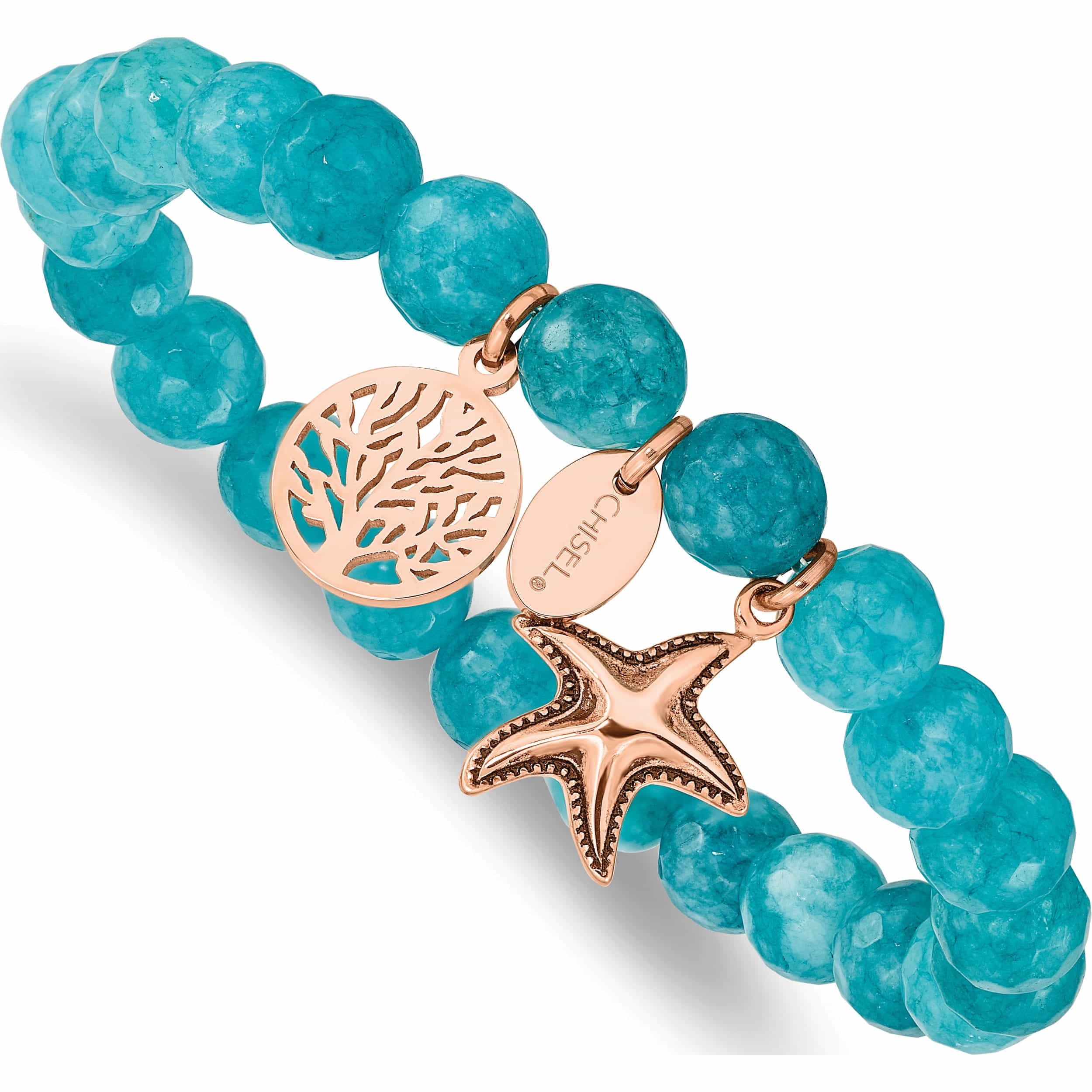 Stainless Steel Antiqued & Polished Rose Ip Starfish Aqua Dyed Jade Bracele Made In China -Jewelry By Sweet Pea