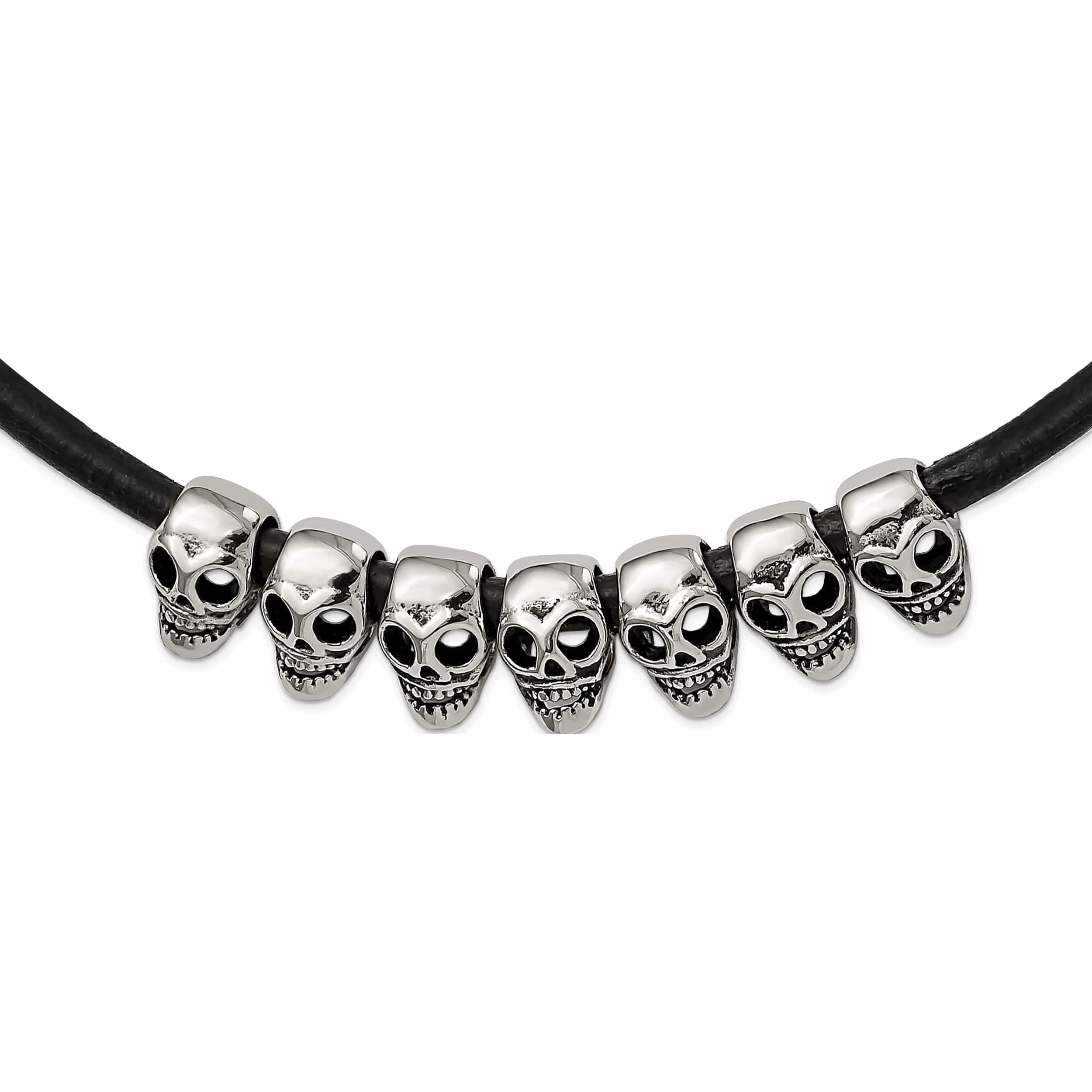 Stainless Steel Antiqued/Polished Skulls 18In Black Leather Cord Necklace Made In China -Jewelry By Sweet Pea