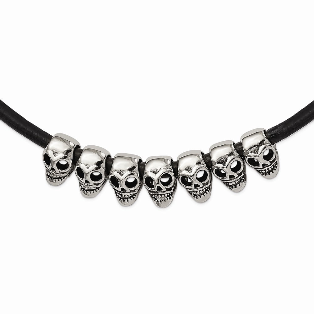 Stainless Steel Antiqued/Polished Skulls 18in Black Leather Cord Necklace; 18 inch; for Adults and Teens; for Women and Men