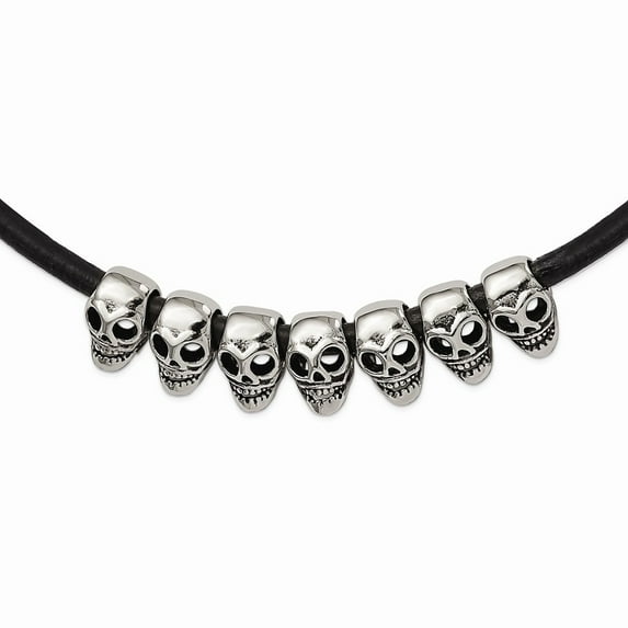 Stainless Steel Antiqued/Polished Skulls 18in Black Leather Cord Necklace; 18 inch; for Adults and Teens; for Women and Men