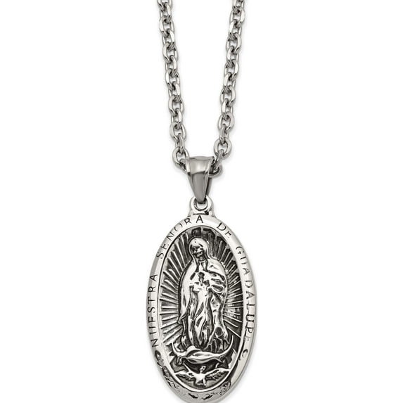 Stainless Steel Antiqued & Polished Spanish Lady Of Guadalupe 24In Necklace (24 X 23) Made In China srn2851-24