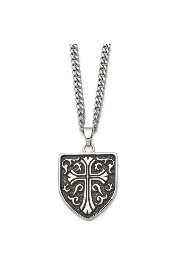 Stainless Steel Antiqued Polished & Textured Cross Shield 24In Necklace (24 X 30.7) Made In China srn873-24