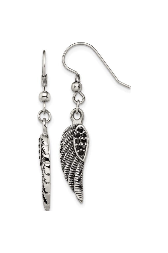 Stainless Steel Antiqued & Polished With Black Crystal Wings Dangle Earrings (26 X 8) Made In China sre1391