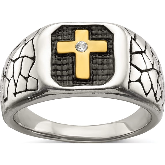 Stainless Steel Antiqued & Polished Yellow Ip-Plated With Crystal Cross Ring (Size 12) Made In China sr635-12