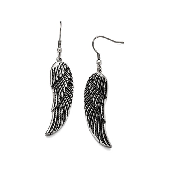 Stainless Steel Antiqued Shepherd Hook Dangle Wing Earrings