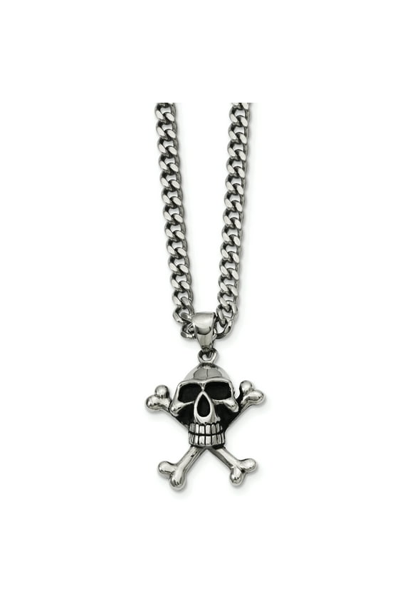 Stainless Steel Antiqued Skull & Crossbones Pendant 24in Necklace