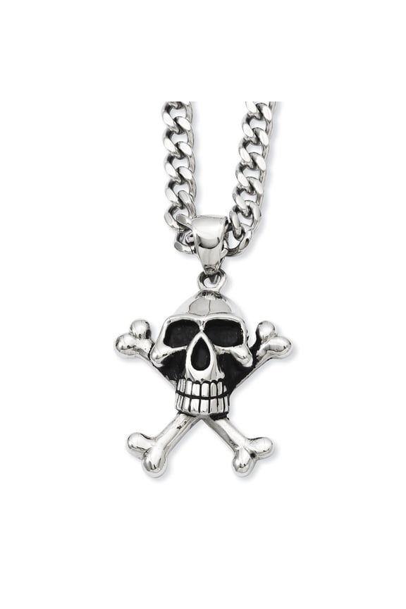 Stainless Steel Antiqued Skull and Crossbones Pendant 24inch Necklace - 24 Inch - Measures 30mm Wide