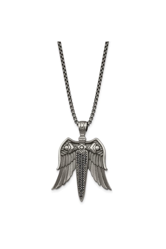Stainless Steel Antiqued White Bronze-plated with Black CZ Sword with Wings on a 24 inch Box Chain Necklace
