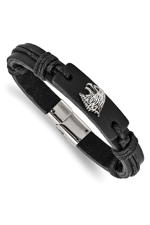 Stainless Steel Antiqued and Polished Eagle Head Black Leather Chain ; for Adults and Teens; for Women and Men