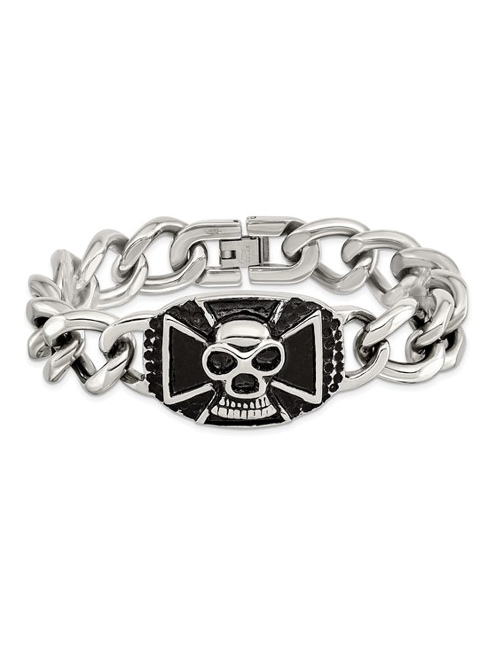 Stainless Steel Antiqued and Polished Skull Curb Bracelet (9.00 inches) for Men