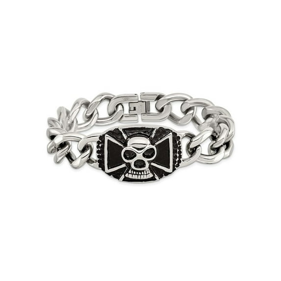 Stainless Steel Antiqued and Polished Skull Curb Bracelet (9.00 inches) for Men