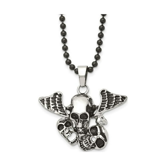 Stainless Steel Antiqued and Polished Skulls with Wings Pendant Necklace with Chain (24 inches)