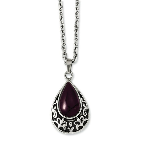 Stainless Steel Antiqued and Purple Cats Eye Teardrop Pendant - 20 Inch