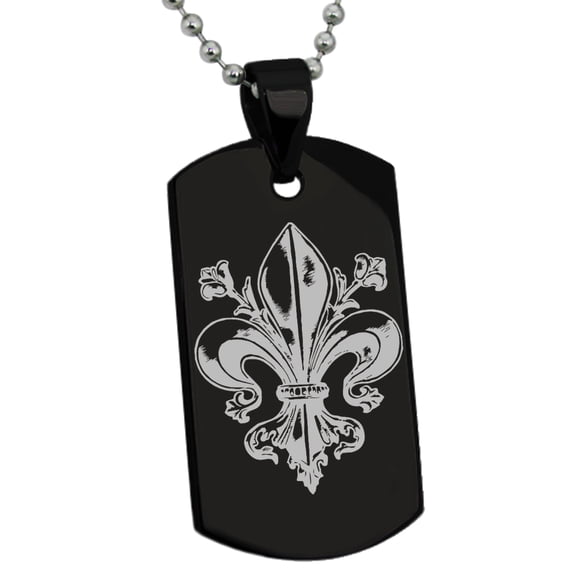 Stainless Steel Antiue Fleur De Lis Engraved Dog Tag Pendant Necklace