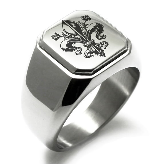 Tioneer Stainless Steel Antiue Fleur De Lis Engraved Square Flat Top Biker Style Polished Signet Ring