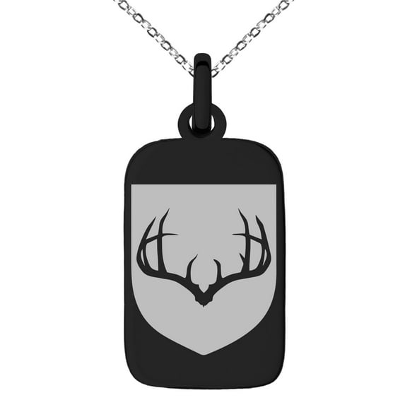 Stainless Steel Antlers Fortitude Coat of Arms Shield Engraved Small Rectangle Dog Tag Charm Pendant Necklace