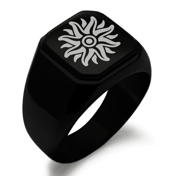Stainless Steel Apollo Greek God of Sun Engraved Square Flat Top Biker Style Polished Signet Ring