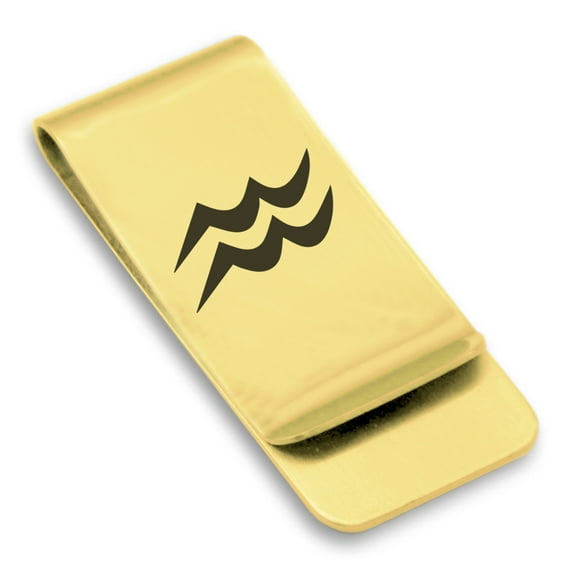 Stainless Steel Aquarius Zodiac Sign (Water Bearer) Classic Slim Money Clip Credit Card Holder