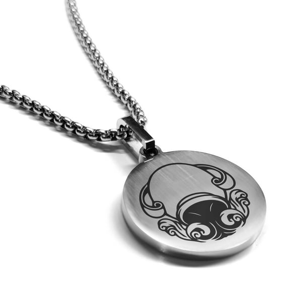 Stainless Steel Aquarius Zodiac (Water Bearer) Round Medallion Pendant Necklace