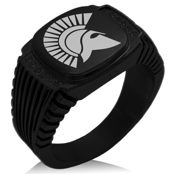 Stainless Steel Ares Greek God of War CZ Ribbed Needle Stripe Pattern Biker Style Polished Ring