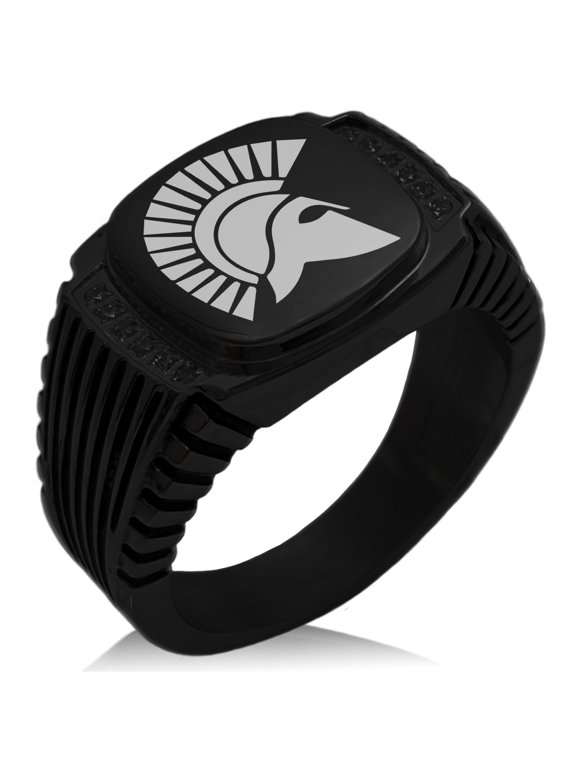 Stainless Steel Ares Greek God of War CZ Ribbed Needle Stripe Pattern Biker Style Polished Ring