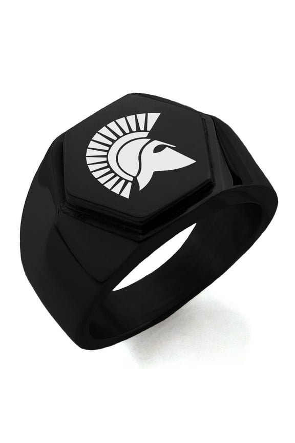 Stainless Steel Ares Greek God of War Engraved Hexagon Crest Flat Top Biker Style Polished Ring