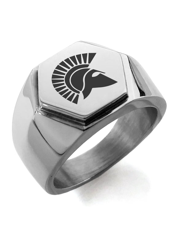 Stainless Steel Ares Greek God of War Engraved Hexagon Crest Flat Top Biker Style Polished Ring