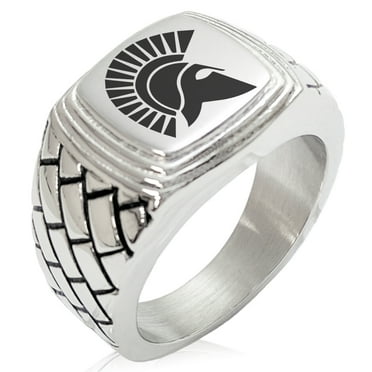Stainless Steel Ares Greek God of War Geometric Pattern Step-Down Biker Style Polished Ring