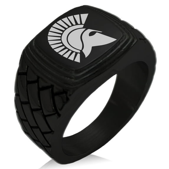 Stainless Steel Ares Greek God of War Geometric Pattern Step-Down Biker Style Polished Ring