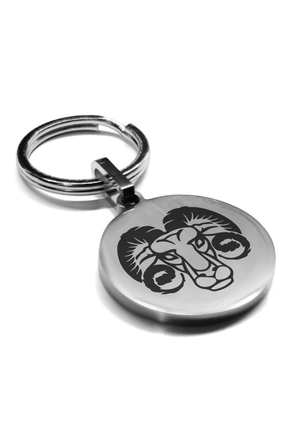 Stainless Steel Aries Zodiac (Ram) Round Medallion Keychain Circle Ring