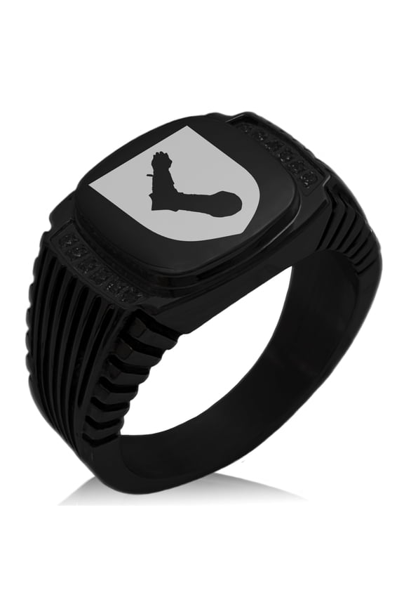 Stainless Steel Arm Armor Leadership Coat of Arms Shield CZ Ribbed Needle Stripe Pattern Biker Style Polished Ring