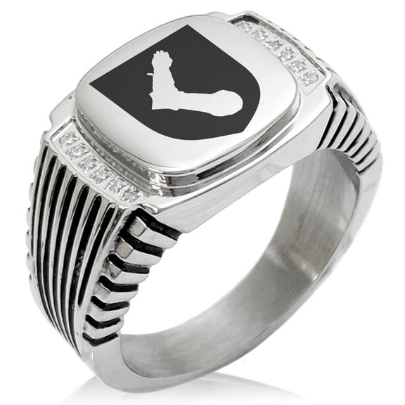 Stainless Steel Arm Armor Leadership Coat of Arms Shield CZ Ribbed Needle Stripe Pattern Biker Style Polished Ring