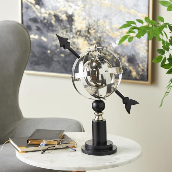 Stainless Steel Armillary with Black Round Base - Modern Minimalist Decorative World Map Sphere for Home Office Study (12" x 8" x 17")