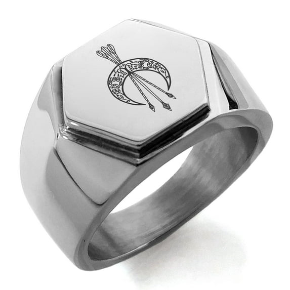 Tioneer Stainless Steel Artemis Greek Goddess of Moon Engraved Hexagon Crest Flat Top Biker Style Polished Ring