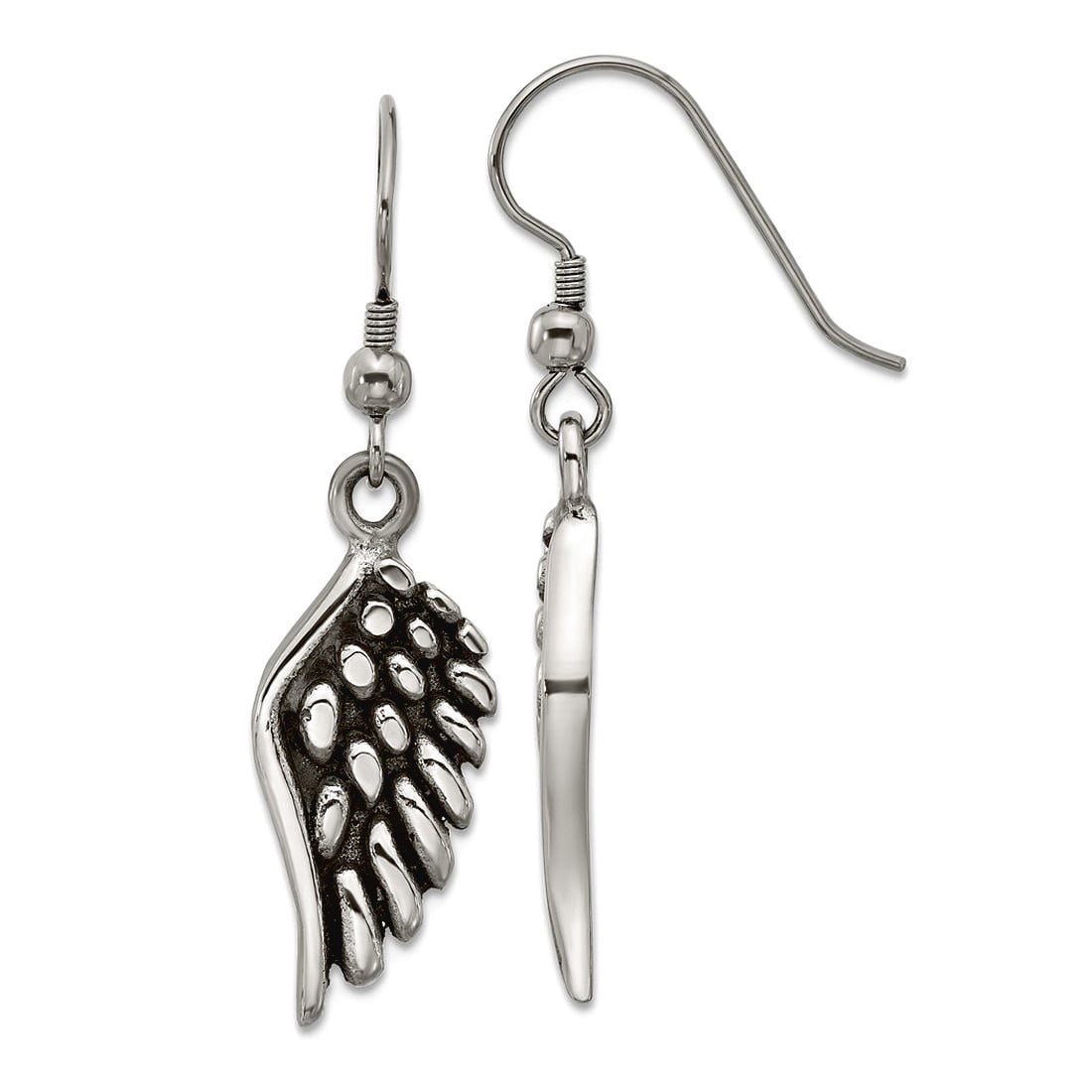 Stainless Steel Oxidized and Polished Religious Guardian Angel Wing Shepherd Hook Earrings 40x11mm Wide Stud Earring for
