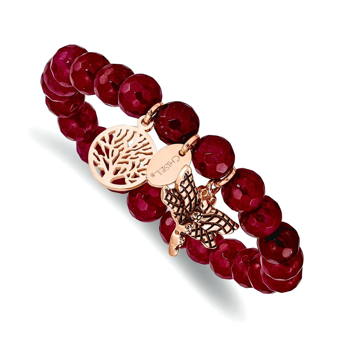 JEWELRYWEB Stainless Steel Oxidized and Polished Rose Ip Plated Dragonfly And Tree Of Life 8mm Pink Dyed Jade Beaded Stretch Bracel