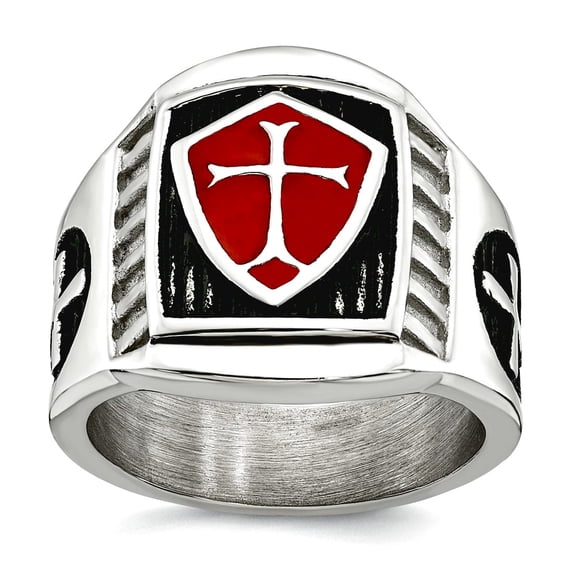 Stainless Steel Oxidized and Polished With Red Enamel Religious Faith Cross And Shield Ring Size 11 Ring for Women