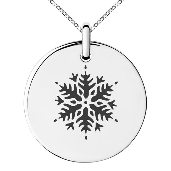 Stainless Steel Artisan Snowflake Engraved Small Medallion Circle Charm Pendant Necklace