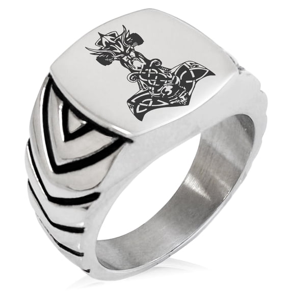 Stainless Steel Asgard Mjolnir Thor's Hammer Viking Norse Chevron Pattern Biker Style Polished Ring