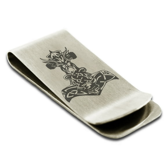 Stainless Steel Asgard Mjolnir Thor's Hammer Viking Norse Engraved Money Clip Credit Card Holder