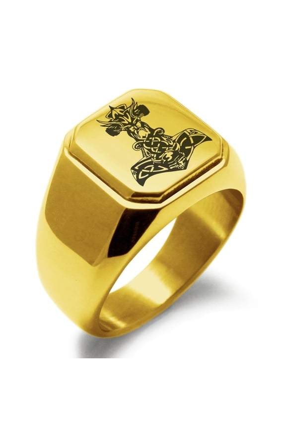 Stainless Steel Asgard Mjolnir Thor's Hammer Viking Norse Engraved Square Flat Top Biker Style Polished Signet Ring