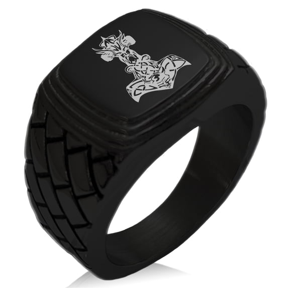 Stainless Steel Asgard Mjolnir Thor's Hammer Viking Norse Geometric Pattern Step-Down Biker Style Polished Ring