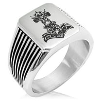 Stainless Steel Asgard Mjolnir Thor's Hammer Viking Norse Needle Stripe Pattern Biker Style Polished Ring