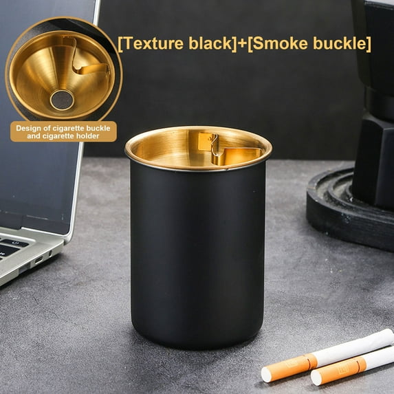 Stainless Steel Ashtray, Commercial Ashtray with Lid, Gold Finish, Storage Container for Hotels, Patios, and Outdoor Smoking Areas, Black, by FAJHHA